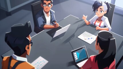 A dynamic office scene where diverse professionals collaborate around a sleek conference table animatedly discussing strategy over charts and laptops