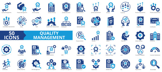 Quality management icon collection set. Containing product, service, improvement, achieve, planning, assurance, customer icon. Simple flat vector.