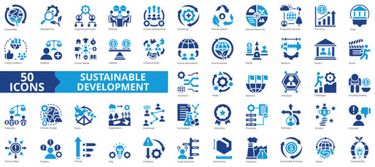 Sustainable development icon collection set. Containing organizing principle, meeting, human, services, natural system, state, living condition icon. Simple flat vector.