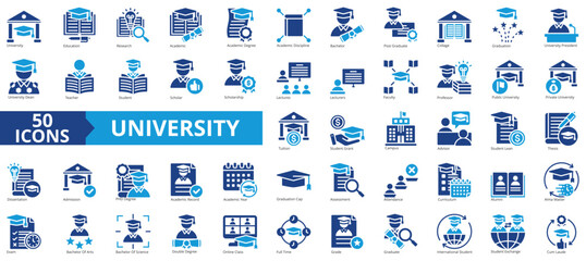 University icon collection set. Containing education, research, academic, degree, discipline, bachelor, post graduate icon. Simple flat vector.