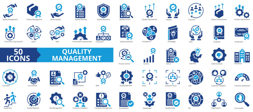 Quality management icon collection set. Containing product, service, improvement, achieve, planning, assurance, customer icon. Simple flat vector.