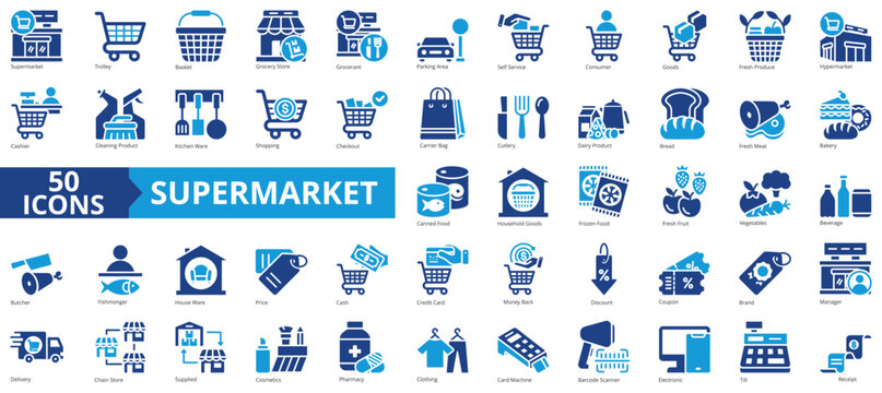 Supermarket icon collection set. Containing trolley, basket, grocery store, grocerant, parking area, self service, consumer icon. Simple flat vector.