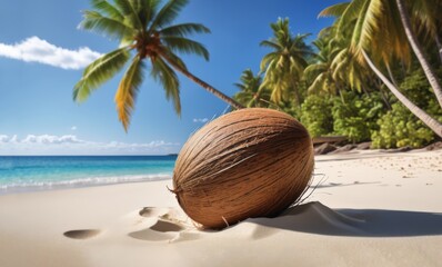Fresh coconut lies on the sand of a tropical beach