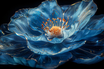 a wallpaper 3d botanical flowers with one big flower for whole artwork flowing alcohol ink style bioluminescence navy blue background, white, gold 