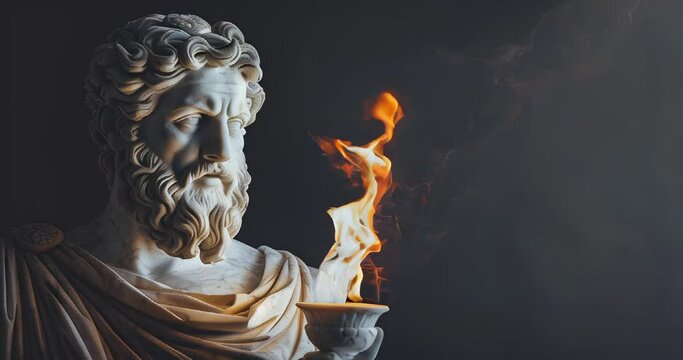 Classical Greek statue, Zeus god holding Olympic flame against dark background symbolizing power, heritage, and athletic spirit