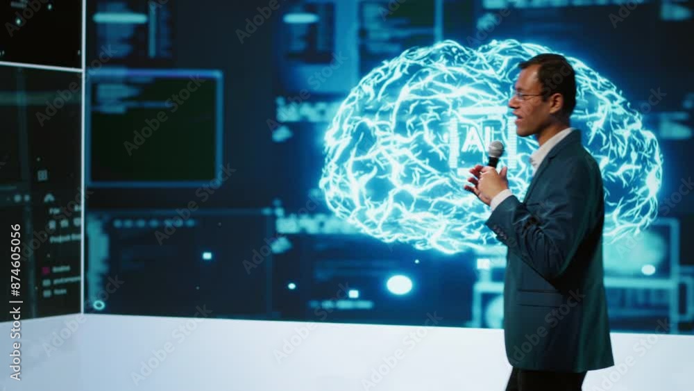 Aufkleber tech company ceo using summit as platform to launch latest ai products. manager uses mic to talk at 