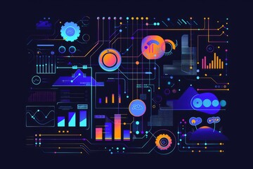  ig data technology and data science illustration. Data flow concept. Querying, analysing, visualizing complex information. Neural network for artificial intelligence. Data mining. Business analytics