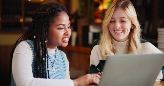 Discussion, friends and women in coffee shop with laptop for university, group project or teamwork. Students, online and people with computer for education, knowledge or studying together in cafe