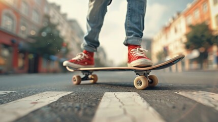 Obraz premium Skateboarder's feet on the board In the middle of playing in the city The focus is on the feet. and expertly maneuver your skateboard against the backdrop of the cityscape.