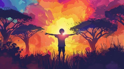 Obraz premium AI-generated image of a child embracing a vibrant sunset landscape, standing with open arms.