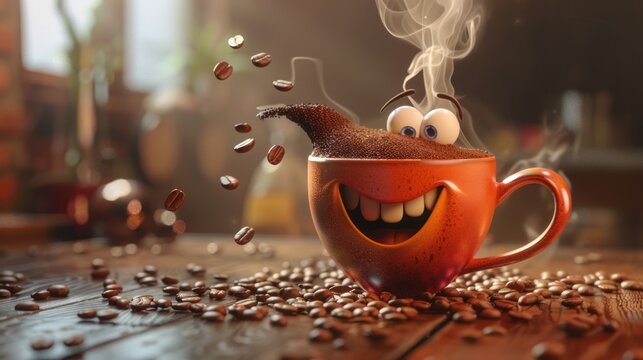 Perky coffee buddy: 3d cute cartoon happy coffee bean character with steam - adding charm to your day with a lovable animated coffee bean, exuding happiness and warmth from a full cup of joe