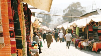 A bustling market scene with vibrant textiles handmade crafts and people engaging in lively trade celebrating cultural diversity and tradition
