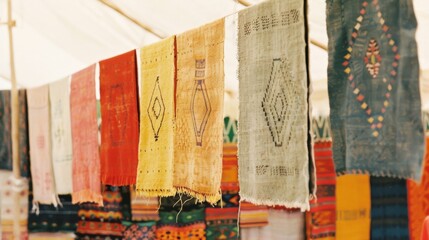 A bustling market scene with vibrant textiles handmade crafts and people engaging in lively trade celebrating cultural diversity and tradition