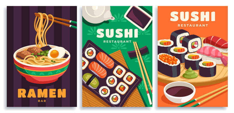 Japanese food poster set. Flyers with traditional Asian sushi, rolls and ramen. Promotional banners for sushi bar or restaurant. Cartoon vector illustration collection isolated on white background