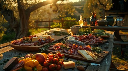 A lovely table filled with cheese and meats outside as the sun sets