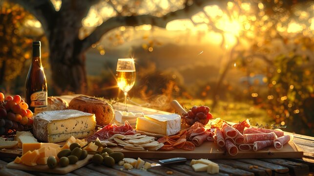 A lovely table filled with cheese and meats outside as the sun sets