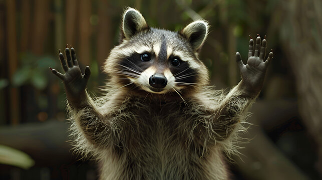 un tierno mapache con su antifaz en la cara gracioso con las manos arriba 