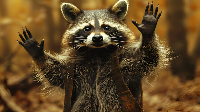 un mapache con las manos arriba con sus garras en sus manos comico y divertido animal naturaleza maravillosa