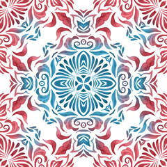 Watercolor hand drawn floral design. Seamless pattern. Blue, red and white damask azulejo decorative element.
