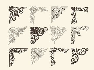Set of vintage corners. Linear decorative retro borders in elegant medieval style. Abstract royal frames with ornament for decor. Hand drawn vector illustration collection isolated on background