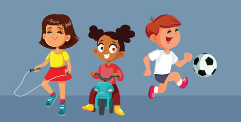 Happy Kids Playing Together Vector Cartoon Illustration. Friends trying different outdoor activities staying healthy and active
