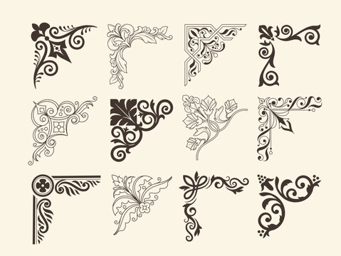 Set of vintage corners. Linear decorative retro borders in elegant medieval style. Abstract royal frames with ornament for decor. Hand drawn vector illustration collection isolated on background