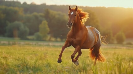 Obraz premium Majestic brown horse galloping freely in a lush green meadow during a beautiful sunset, with trees and hills in the background.