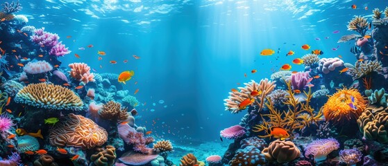 Vibrant coral reef teeming with colorful fish under the ocean. Stunning underwater scenery perfect for nature and marine life enthusiasts.