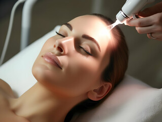 Naklejka premium Laser Treatment, Laser epilation and cosmetology, ultrasound face treatment in medical spa center, Doctor doing laser face and hair removal treatment, skin care concept by using laser
