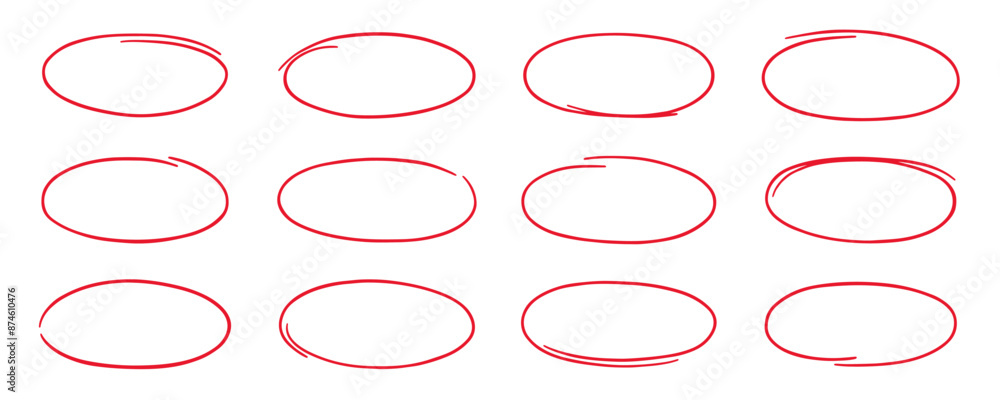 Fototapete red circle highlight, pen ovals doodle. marker ellipses frames in sketch style. hand drawn vector il