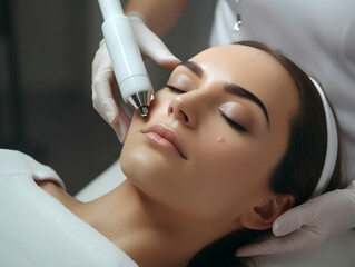 Naklejka premium Laser Treatment, Laser epilation and cosmetology, ultrasound face treatment in medical spa center, Doctor doing laser face and hair removal treatment, skin care concept by using laser