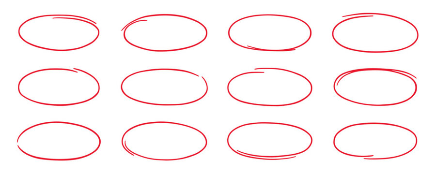 Red circle highlight, pen ovals doodle. Marker ellipses frames in sketch style. Hand drawn vector illustration isolated on white background