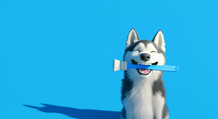 Funny Husky dog holding paintbrush in mouth against a blue background with copy space for text. Renovation concept. For poster, banner, billboard, ads, social media, greeting card, flyer.