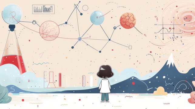 A complex infographic featuring symbols and textures designed to explain a scientific concept merging art with the dissemination of knowledge