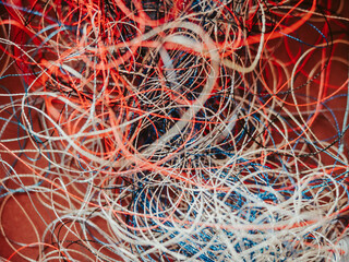 Chaotically tangled threads. Embroidery threads randomly woven. Huge knot. Extreme macro. Beautiful story for intro. Title credits. Abstract screensaver. Handicraft concept, entropy, disorder measure