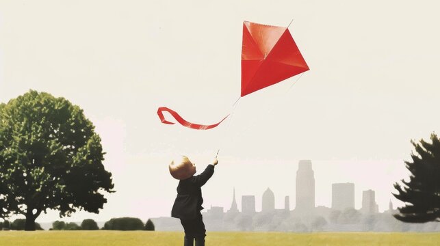 A child flying a kite in a park on a sunny day representing the carefree moments of childhood and the simple joys that transcend time