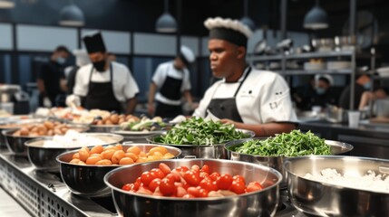 A bustling vegetarian culinary class with a chef teaching the principles of plantbased nutrition and cooking emphasizing the importance of dietary knowledge