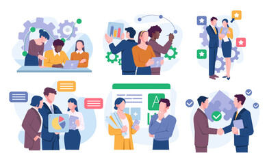 Set of business teams. Man and woman entrepreneur or office workers interacting with each other. Partnership, collaboration and business activity. Flat vector illustration isolated on white background