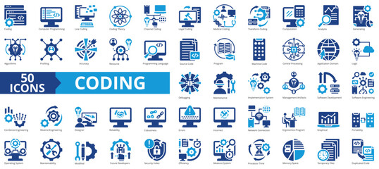 Coding icon collection set. Containing computer programming, line, theory, channel, legal, medical, transform icon. Simple flat vector.