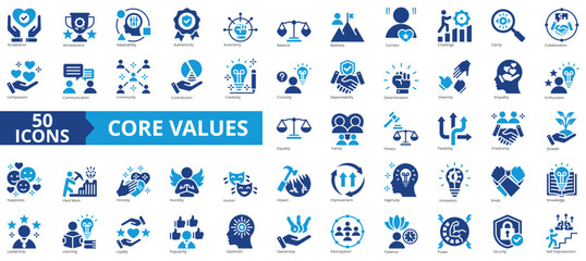 Core values icon collection set. Containing acceptance, achievement, adaptability, authenticity, autonomy, balance, badness icon. Simple flat vector.