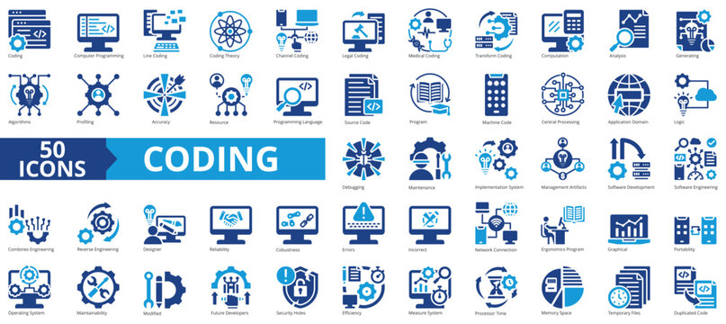 Coding icon collection set. Containing computer programming, line, theory, channel, legal, medical, transform icon. Simple flat vector.