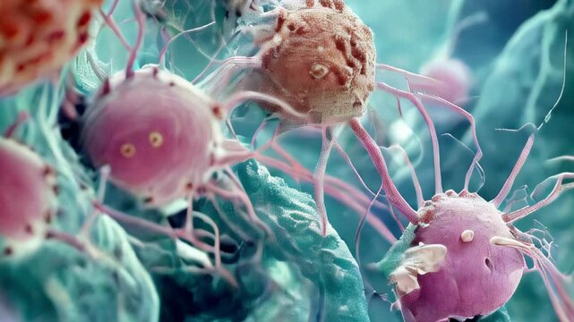 inflamed human lymph node under a microscope, inflamed tonsils, lymph node problem.