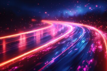 Neon Lights Trail on a Curved Road