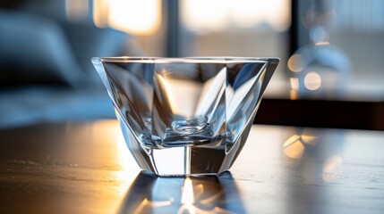 A unique glass cup holder shaped like a diamond and designed to rest on a tabletop with its pointed end.