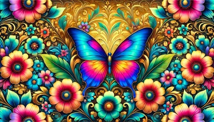 Vibrant multicolor butterfly with matching flowers and detailed patterns, perfect for bright and nature-inspired art designs.