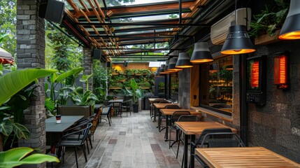Fototapeta premium Outdoor cafe equipped with heaters positioned on walls for comfortably warming customers guests from above. Dining spot with radiators, cozy restaurant with opportunity to lunch outside open 