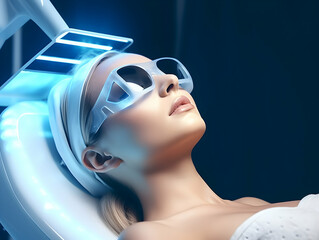 Naklejka premium Laser Treatment, Laser epilation and cosmetology, ultrasound face treatment in medical spa center, Doctor doing laser face and hair removal treatment, skin care concept by using laser