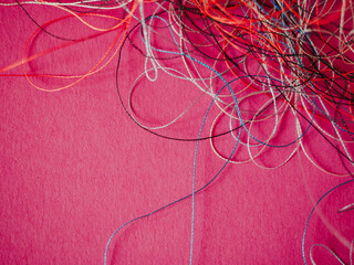 Chaotically tangled threads. Embroidery threads randomly woven. Huge knot. Extreme macro. Beautiful story for intro. Title credits. Abstract screensaver. Handicraft concept, entropy, disorder measure