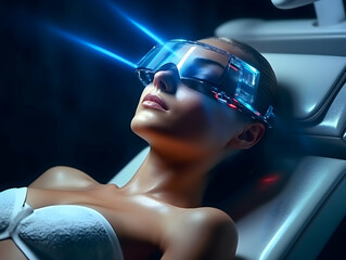 Naklejka premium Laser Treatment, Laser epilation and cosmetology, ultrasound face treatment in medical spa center, Doctor doing laser face and hair removal treatment, skin care concept by using laser