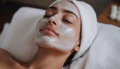 Young woman enjoying a facial mask at a spa salon, a close up portrait of a beautiful girl wearing a white towel on her head and enjoying a beauty treatment while doing skin care at home. 